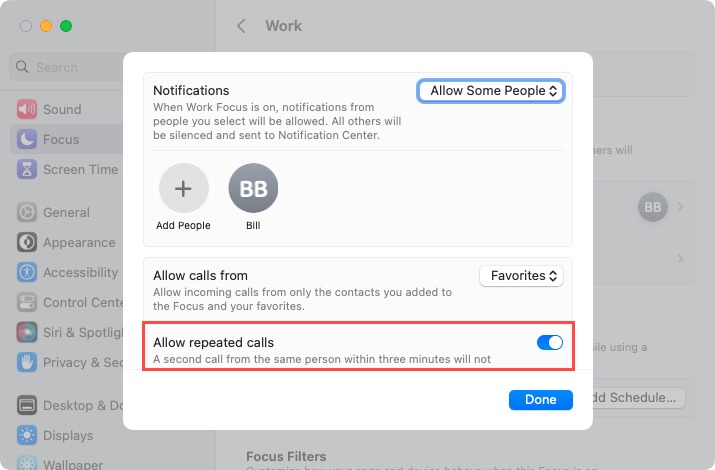 Allow Repeated Calls toggle for a Focus on Mac
