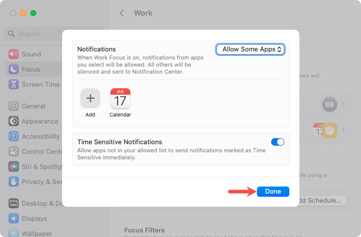Done button for allowed apps