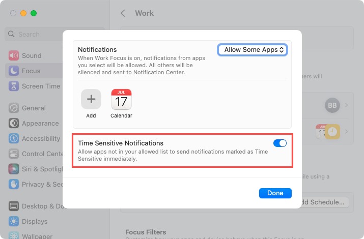 Allowed Apps Time Sensitive toggle on Mac