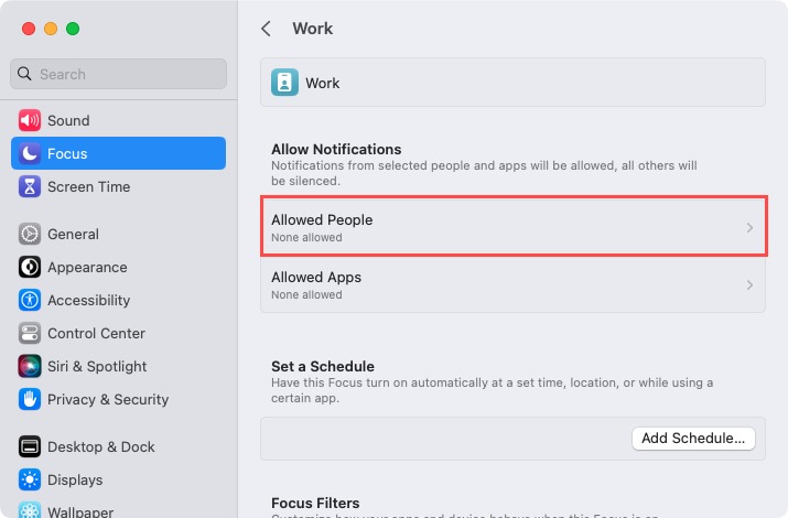 Allowed People in the Focus settings on Mac