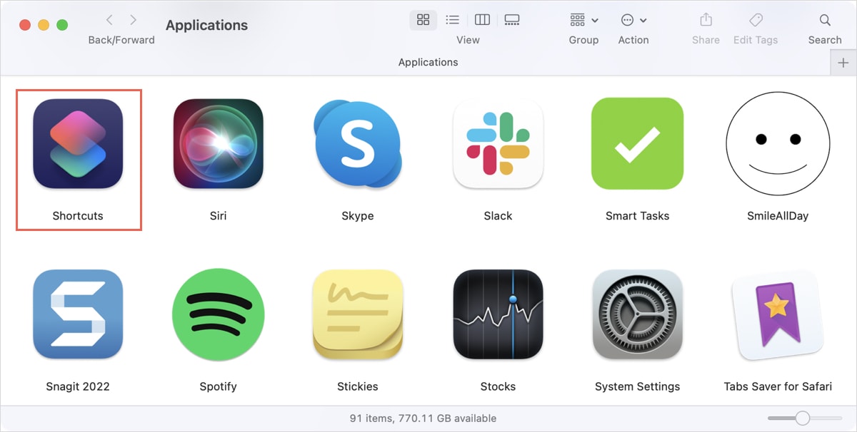Shortcuts in the Applications folder