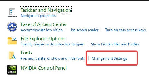 Selecting "Change Font Settings" under Font in Control Panel.