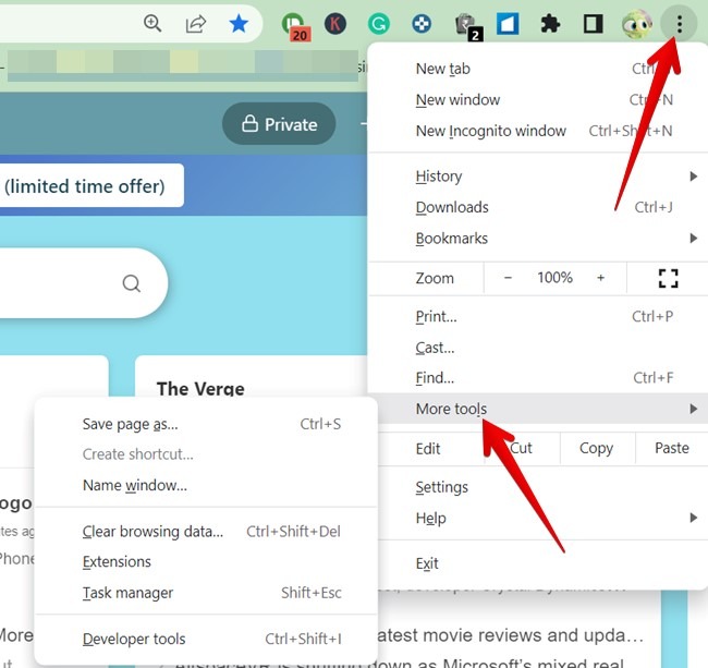 "Extensions" option in Chrome browser. 