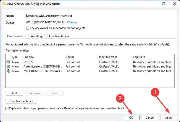 Saving changes for new file owner.