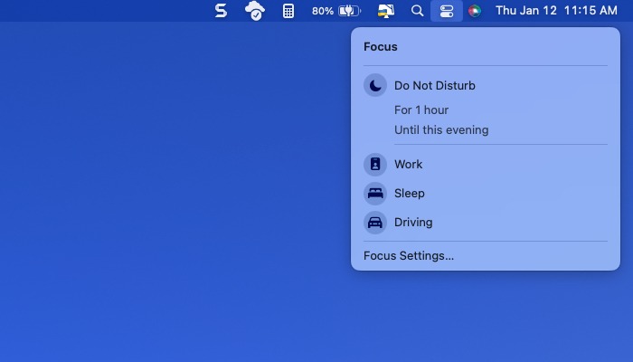 No Focus modes enabled in the Control Center
