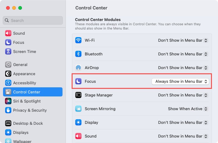 Control Center menu bar settings for Focus on Mac