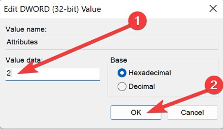Changing value data for "Attributes" key in Registry Editor.