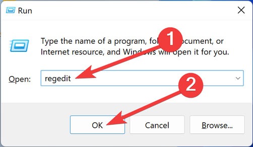 Typing "regedit" in Run window.