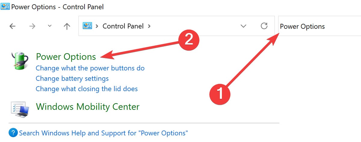Searching for "Power options" in Control Panel. 
