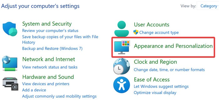 "Appearance and Personalization" section in Control Panel.