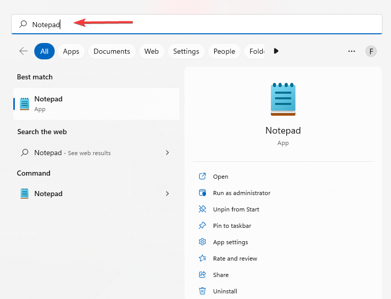 Searching for Notepad with Windows Search.