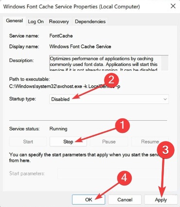 Disabling "Windows Font Cache service."