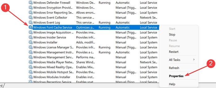 Right-clicking Windows Font Cache Service to find "Properties."