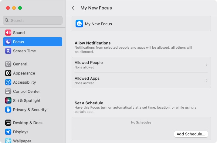 Custom Focus selected for setup on Mac