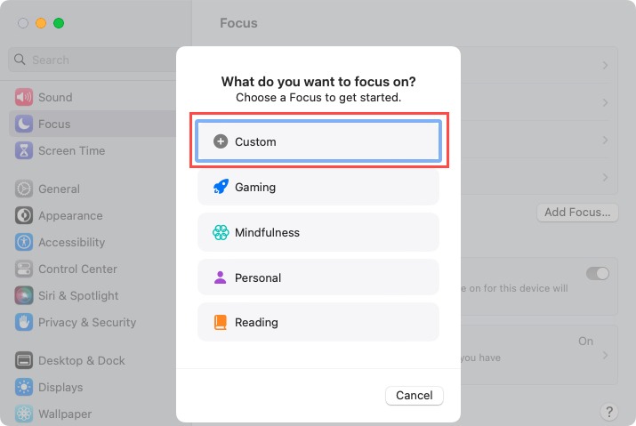 Custom in the Focus Mode list on Mac