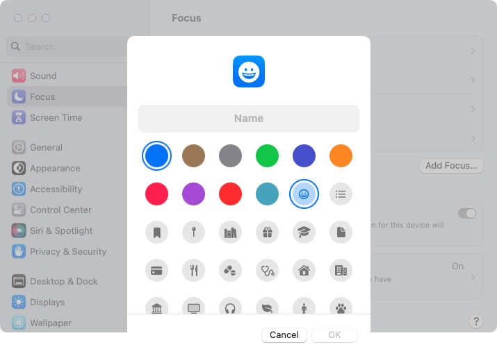 Custom Focus Mode name, color, and icon on Mac