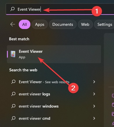 Searching for "Event Viewer" using Windows Search.