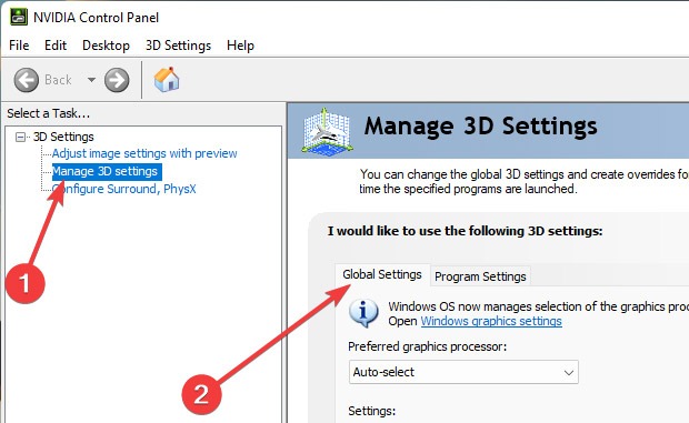 NVIDIA Control Panel view with Global Settings tab open. 