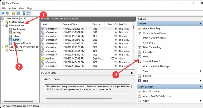 "Find" action in Event Viewer.