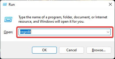 Typing "regit" in Run application.