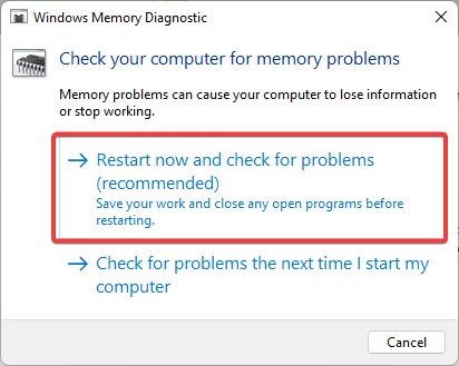 "Checking your computer for memory problems" window. 