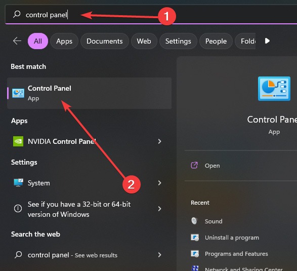 Looking for Control Panel using Windows Search. 