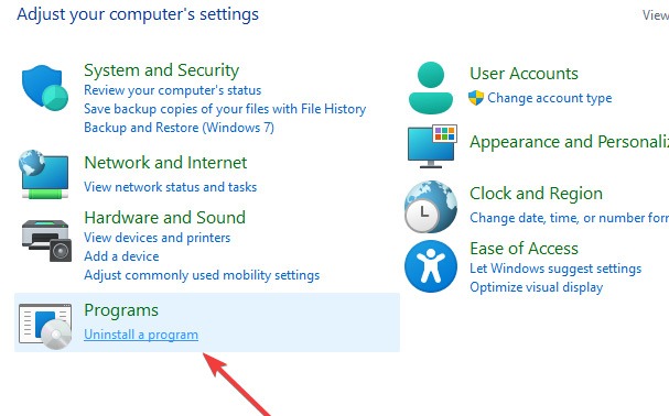Programs section in Control Panel. 