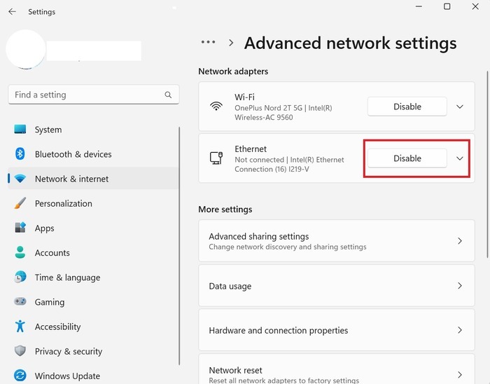 Disabling Ethernet connection in Windows 11.