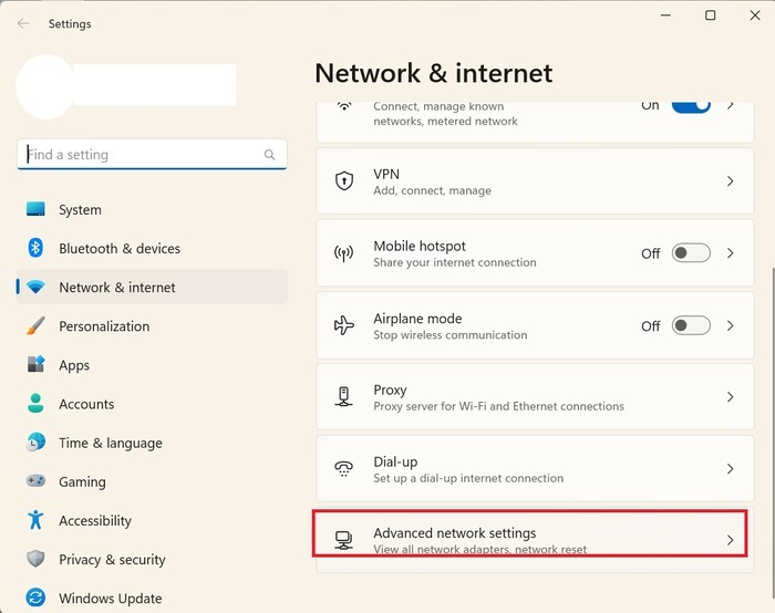 Accessing "Advanced network settings" from "Network & Internet."