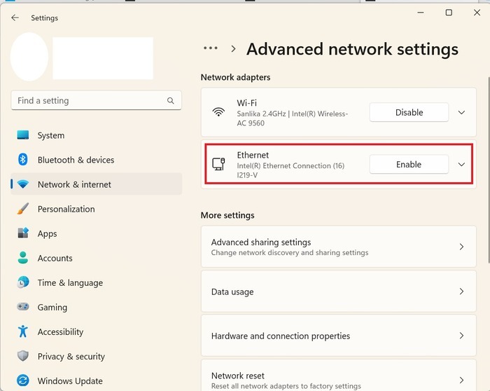 Enable Ethernet connection in Windows 11.