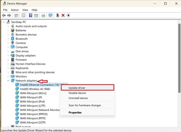 Network adapters options in Device Manager.