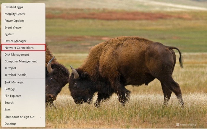 Opening "Network Connections" by pressing Windows Start button.