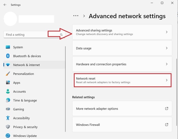 "Network reset" option in Windows 11.
