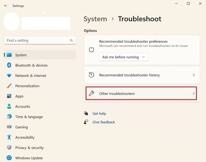 "Other troubleshooters" feature in Windows 11.