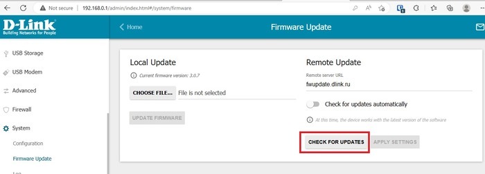 D-Link firmware update page.