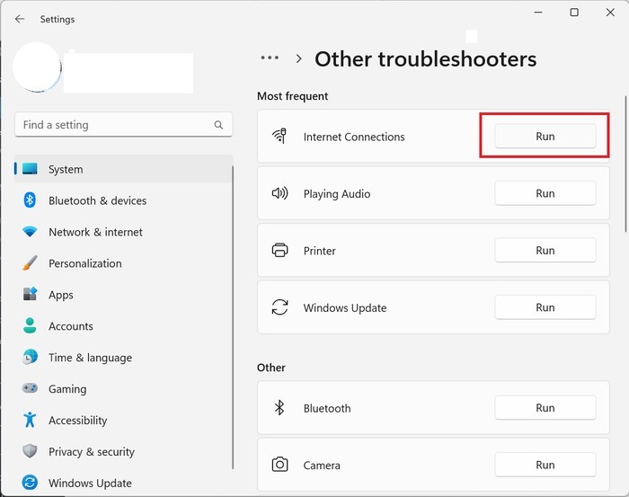 Running "Internet Connection" troubleshooter.
