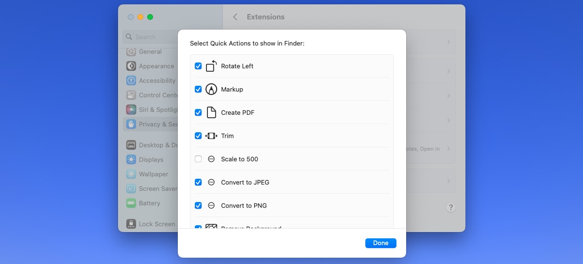 Finder Quick Actions selection