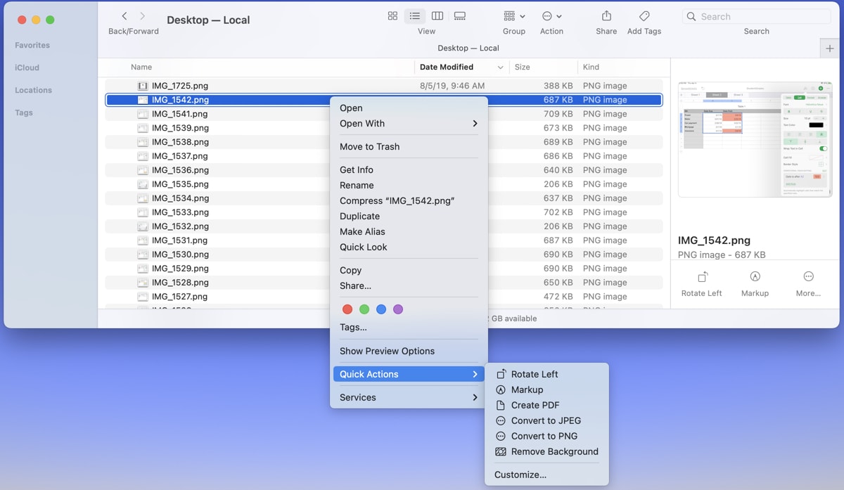 Quick Actions in the Finder shortcut menu