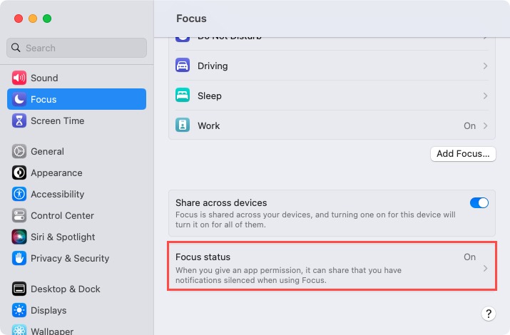 Focus Status settings on Mac