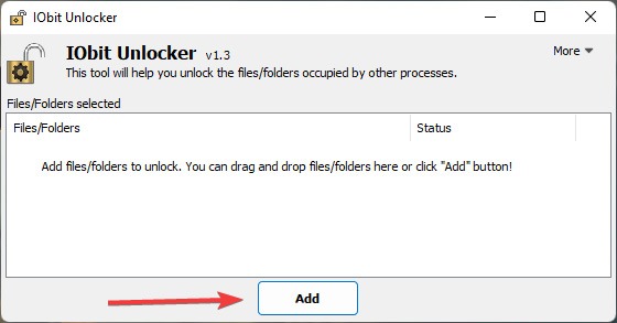 Adding file in IObit Unlocker in Windows.