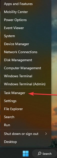 Opening up "Task Manager" from Quick menu in Windows.