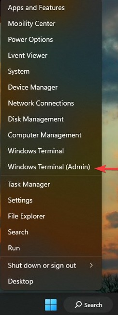 Opening Windows Terminal (Admin) from Quick menu in Windows.
