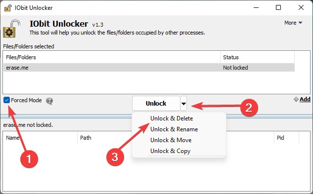 Unlocking file in IObit Unlocker for Windows. 
