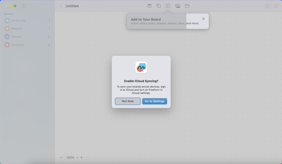 Enable iCloud Syncing prompt in Freeform