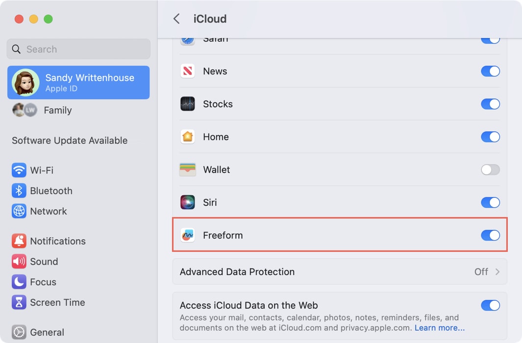 Freeform toggle in iCloud on Mac