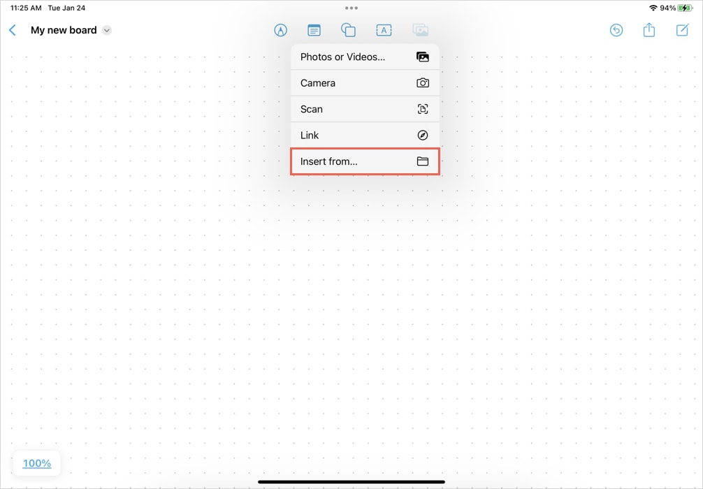 Insert From in the Media drop-down on iPad