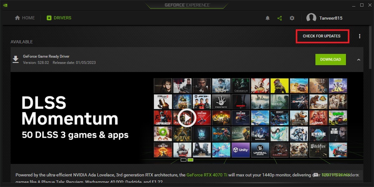 "Check for updates" button in GeForce Experience.