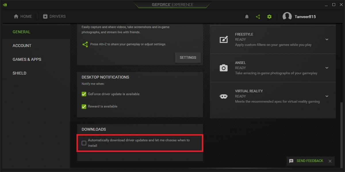"Downloads" section in GeForce Experience.