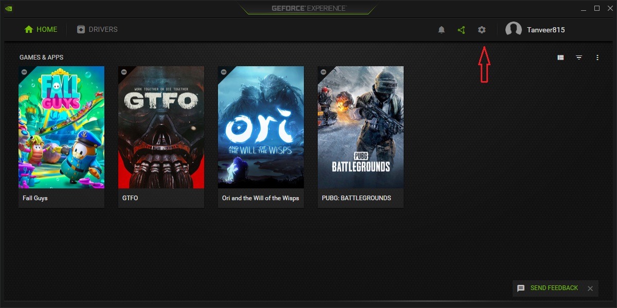 Getting to Settings via the GeForce Experience interface.