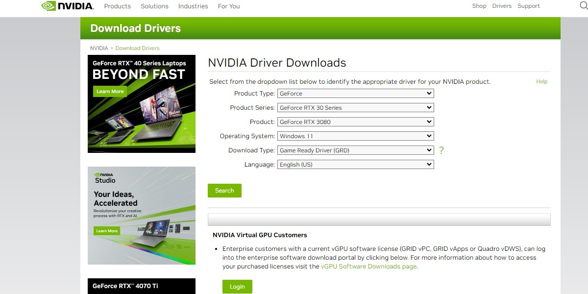 NVIDIA Driver Downloads page.